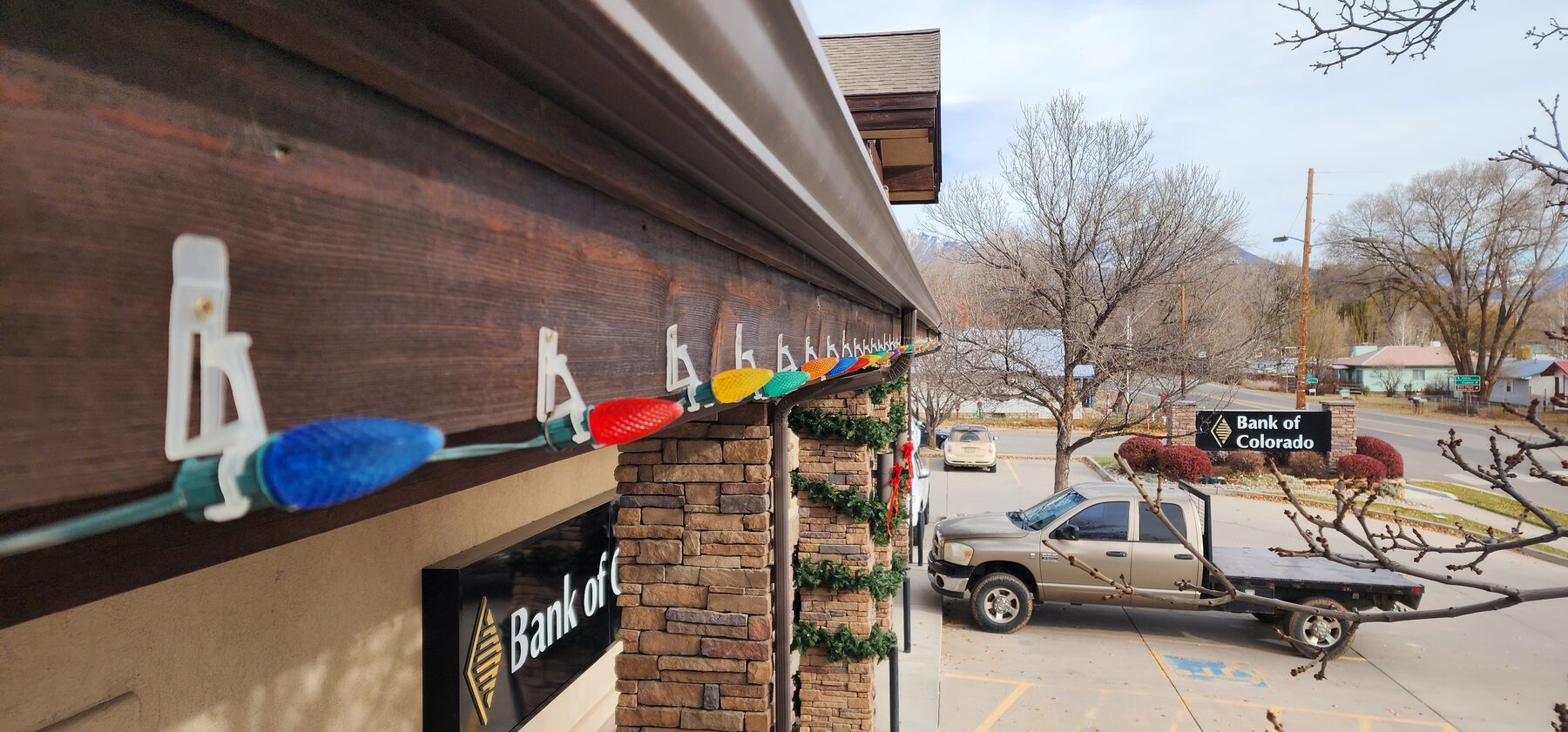 Commercial-grade C9 bulbs we installed along the fascia of a storefront in Hotchkiss, Colorado.